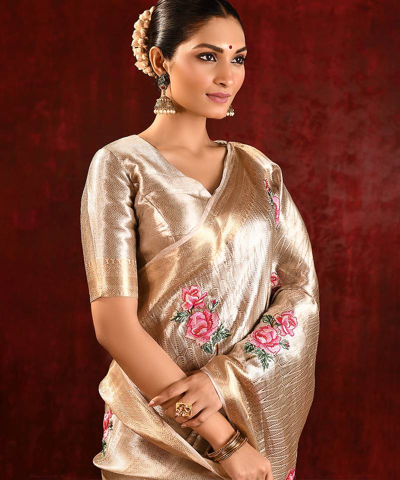 Champagne gold embroidered tissue saree set