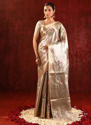 Champagne gold embroidered tissue saree set 1