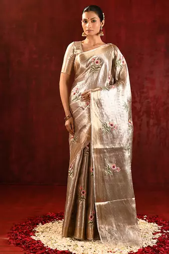 Champagne gold embroidered tissue saree set