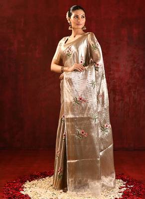 Champagne gold embroidered tissue saree set 2