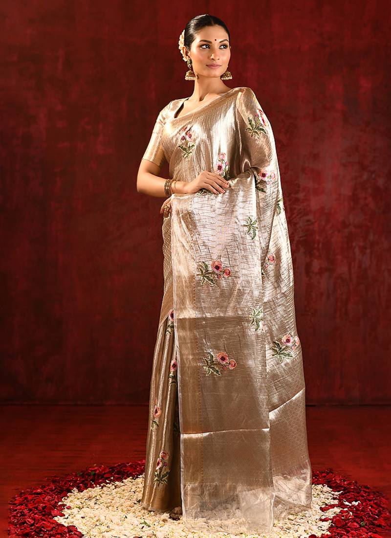 Champagne gold embroidered tissue saree set