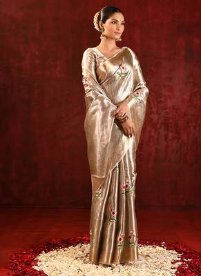 Champagne gold embroidered tissue saree set 3