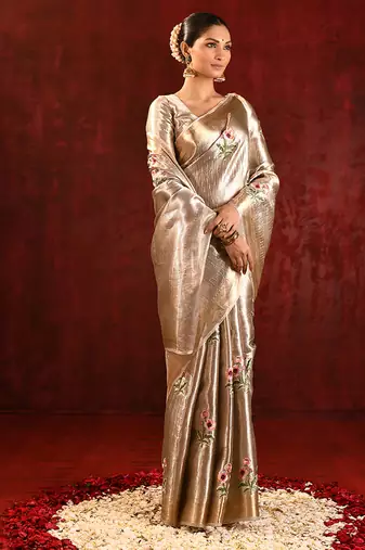 Champagne gold embroidered tissue saree set