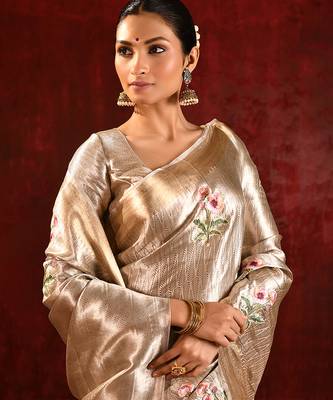 Champagne gold embroidered tissue saree set 4