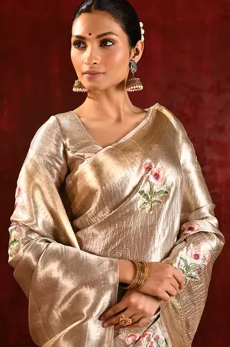 Champagne gold embroidered tissue saree set