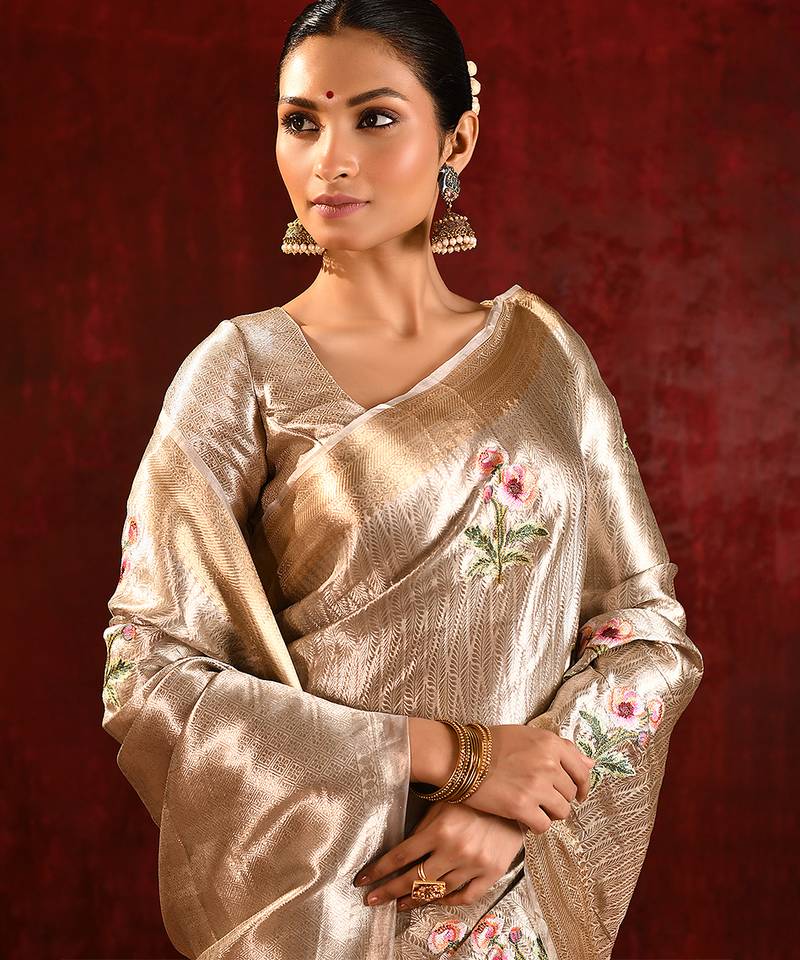 Champagne gold embroidered tissue saree set