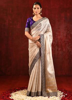 Light gold purple embroidered tissue saree set 1