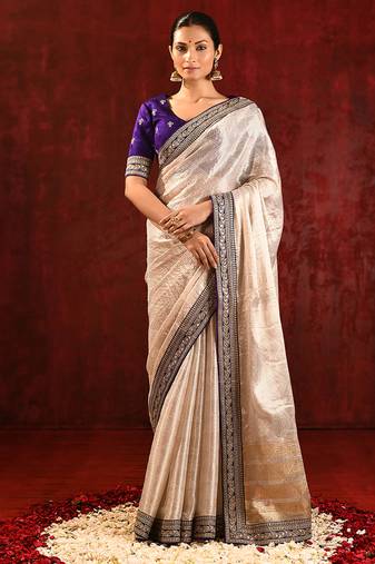 Light gold purple embroidered tissue saree set