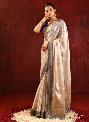 Light gold purple embroidered tissue saree set 2