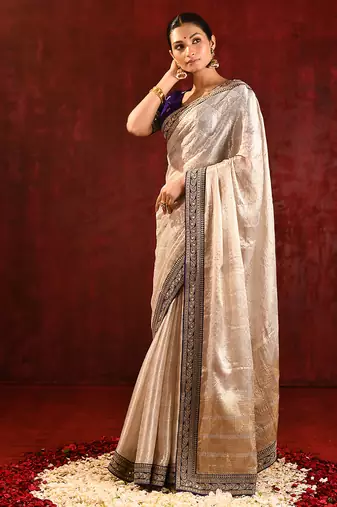 Light gold purple embroidered tissue saree set