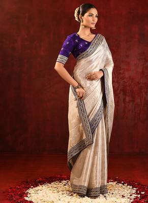 Light gold purple embroidered tissue saree set 3