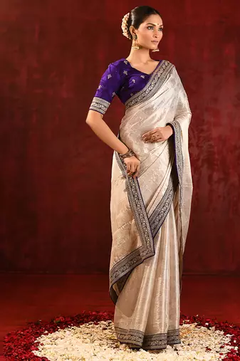 Light gold purple embroidered tissue saree set