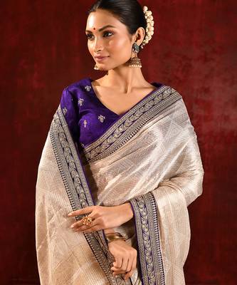 Light gold purple embroidered tissue saree set 4