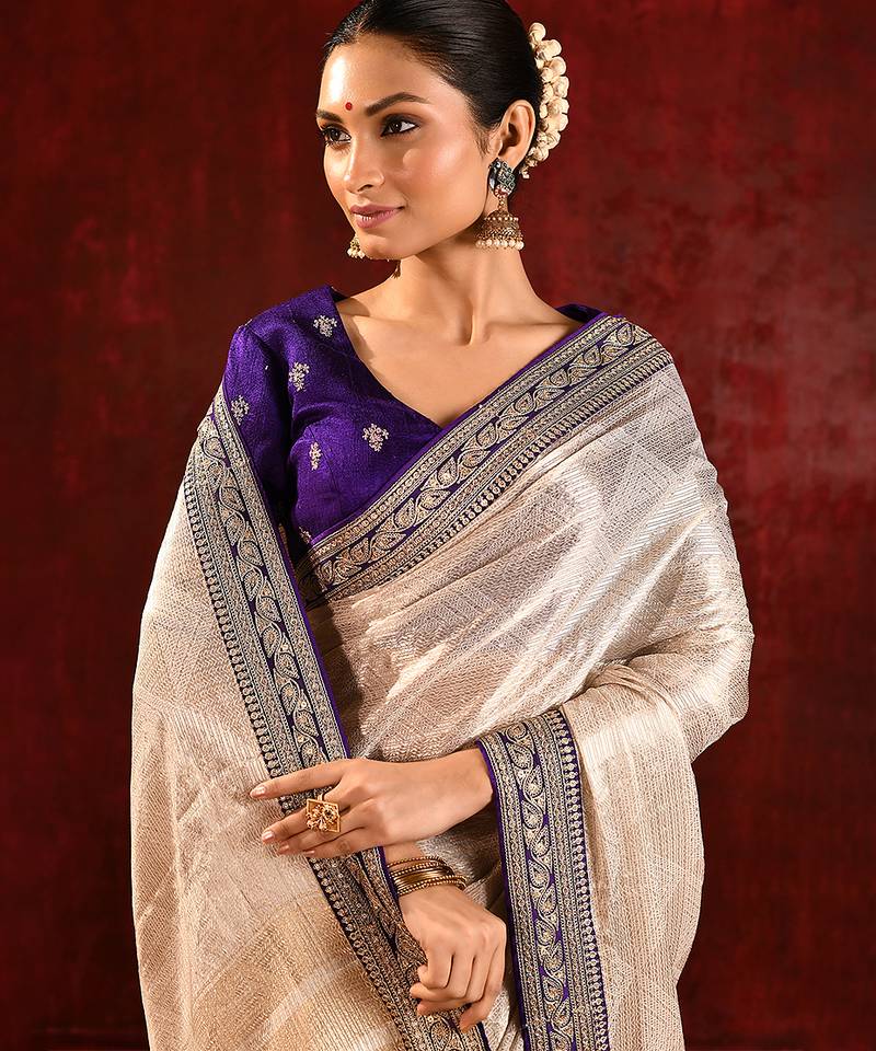 Light gold purple embroidered tissue saree set