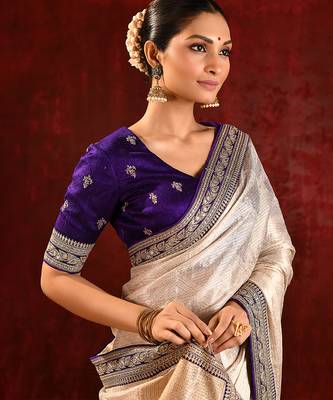 Light gold purple embroidered tissue saree set 5