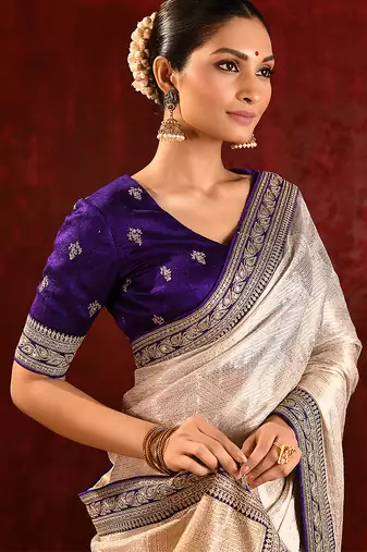 Light gold purple embroidered tissue saree set
