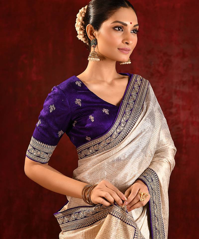 Light gold purple embroidered tissue saree set