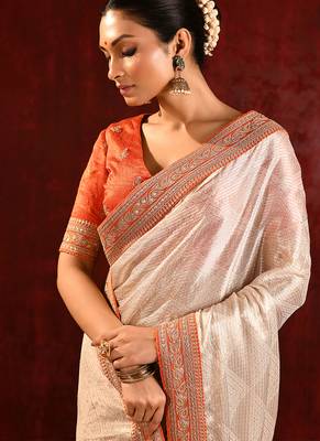 Light gold orange embroidered tissue saree set 5