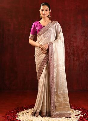 Light gold magenta embroidered tissue saree set 1