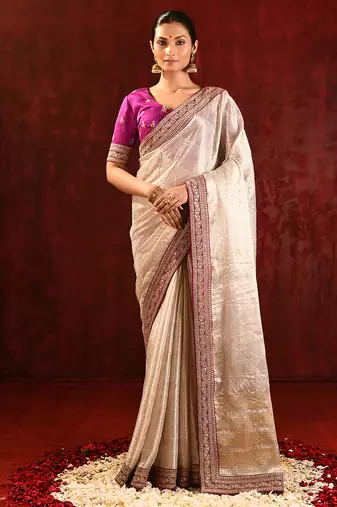 Light gold magenta embroidered tissue saree set
