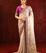 Light gold magenta embroidered tissue saree set