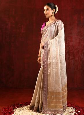 Light gold magenta embroidered tissue saree set 2