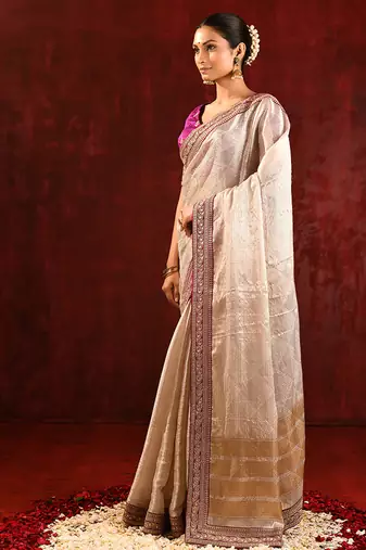 Light gold magenta embroidered tissue saree set