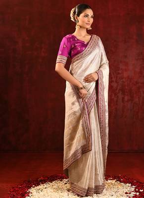 Light gold magenta embroidered tissue saree set 3