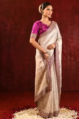 Light gold magenta embroidered tissue saree set