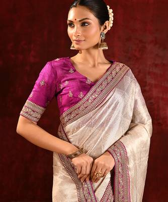 Light gold magenta embroidered tissue saree set 4