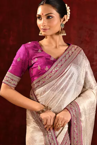 Light gold magenta embroidered tissue saree set