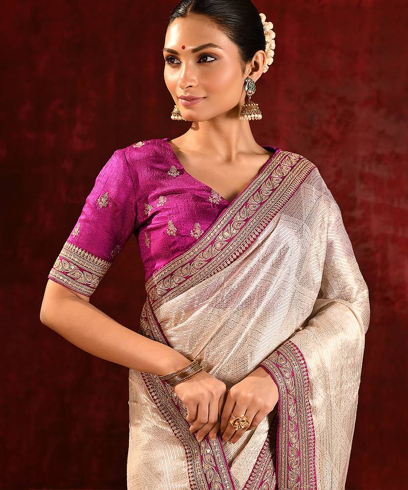 Light gold magenta embroidered tissue saree set