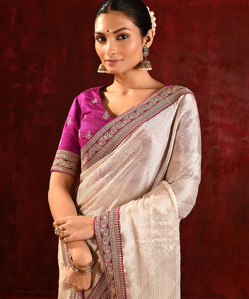 Light gold magenta embroidered tissue saree set
