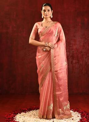 Peach pink embroidered tissue saree set 1