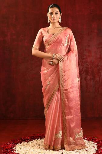 Peach pink embroidered tissue saree set