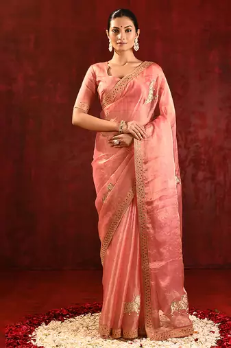 Peach pink embroidered tissue saree set