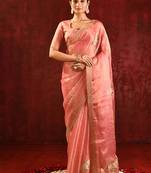 Peach pink embroidered tissue saree set