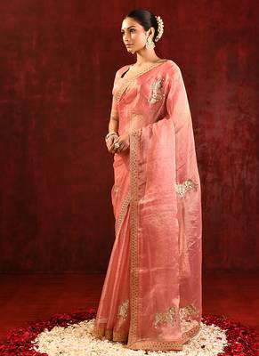 Peach pink embroidered tissue saree set 2