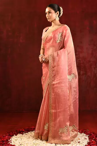 Peach pink embroidered tissue saree set