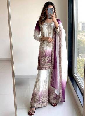 Embroidery Work Dual Colour Palazzo Suit Set With Dupatta 1