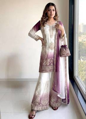 Embroidery Work Dual Colour Palazzo Suit Set With Dupatta 2