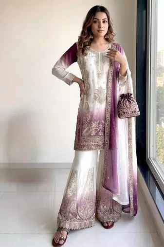 Embroidery Work Dual Colour Palazzo Suit Set With Dupatta