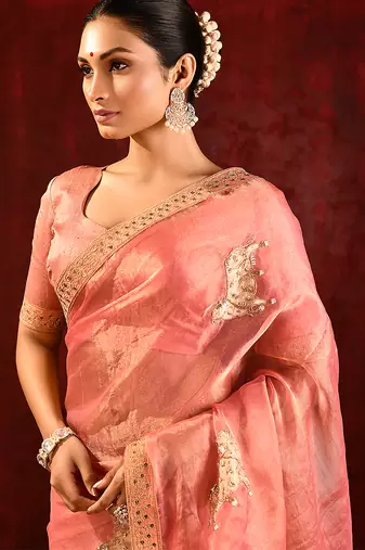 Peach pink embroidered tissue saree set