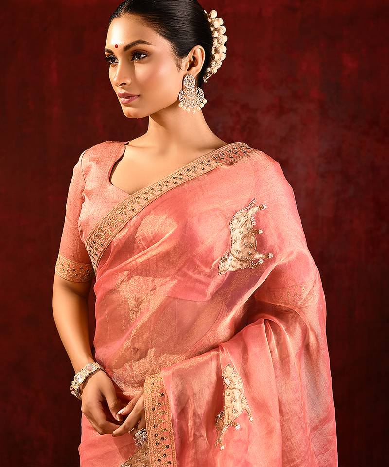 Peach pink embroidered tissue saree set