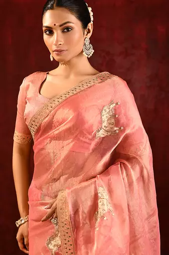 Peach pink embroidered tissue saree set