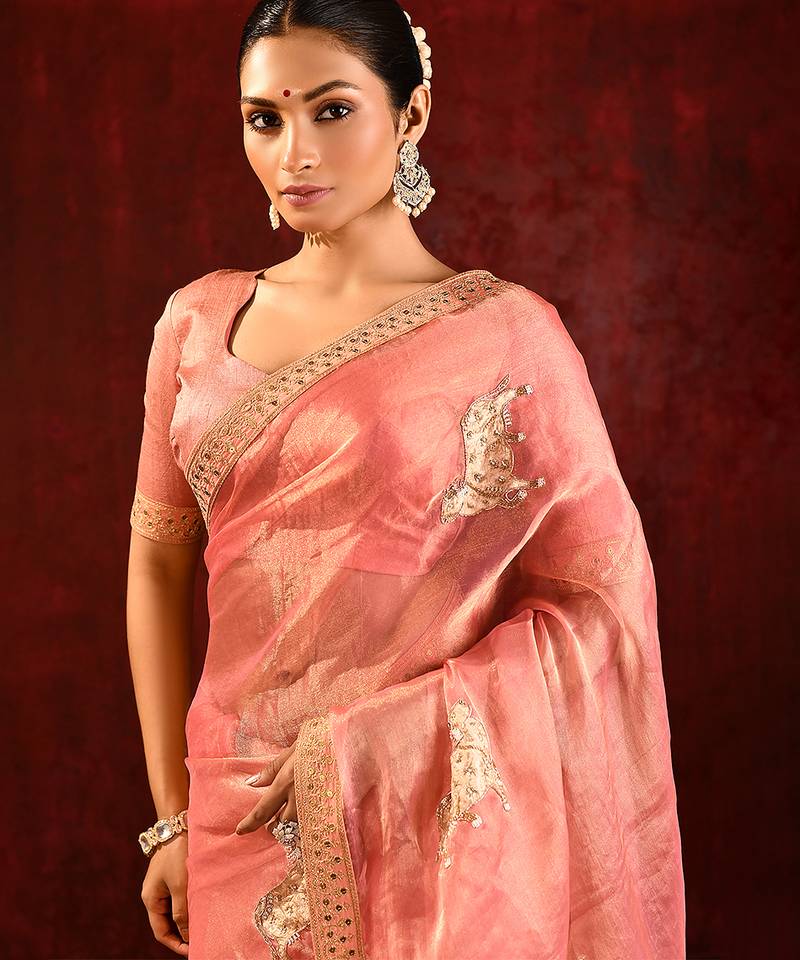 Peach pink embroidered tissue saree set