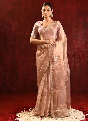 Rose gold embroidered tissue saree set 1