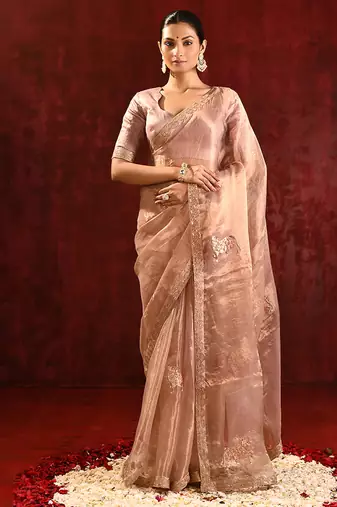 Rose gold embroidered tissue saree set