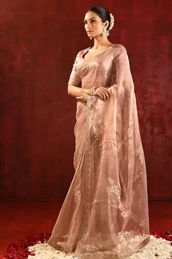 Rose gold embroidered tissue saree set