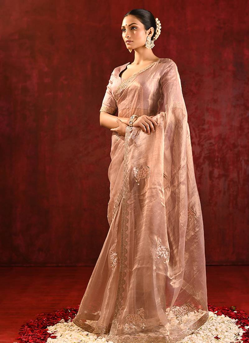 Rose gold embroidered tissue saree set
